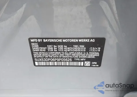 2023 BMW X3 xDrive30I из США, поврежденный, VIN 5UX53DP06P9P05626